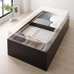 ベッド シングル 収納付き 大容量 640L ベッドフレームのみ ブラック ヘッドレス コンパクト 頑丈 木製 シンプル モダン
